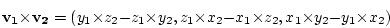 \begin{displaymath}
\mathbf{v_1} \times \mathbf{v_2} = (y_1 \times z_2 - z_1 \ti...
... \times x_2 - x_1 \times z_2, x_1 \times y_2 - y_1 \times x_2)
\end{displaymath}