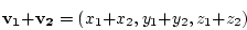 \begin{displaymath}
\mathbf{v_1} + \mathbf{v_2} = (x_1 + x_2, y_1 + y_2, z_1 + z_2)
\end{displaymath}