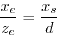 \begin{displaymath}
\frac{x_e}{z_e} = \frac{x_s}{d}
\end{displaymath}
